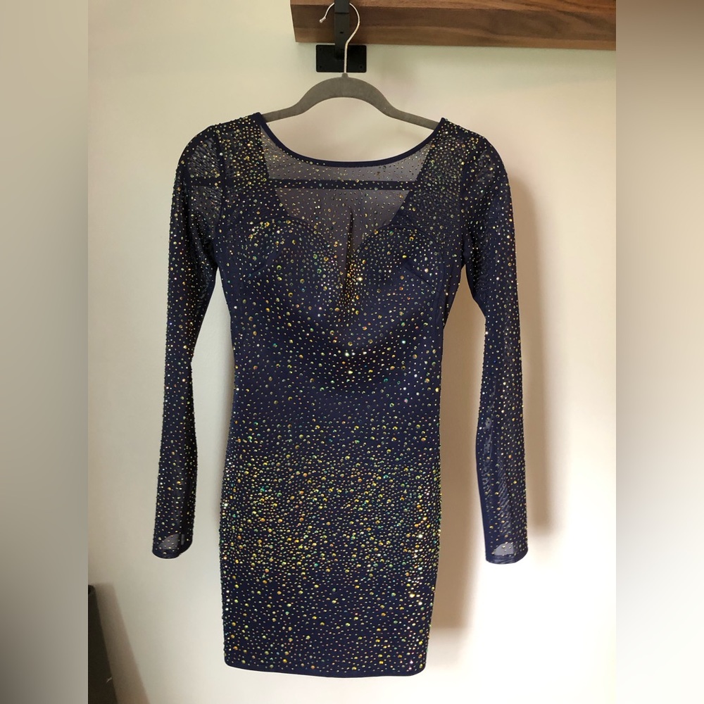 Midnight Blue Beaded Dress With Semi-Sheer Sleeves
